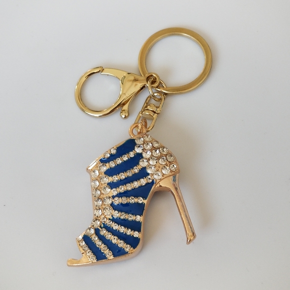 Gold Boot Pump High Heel Keychain Pendant with Rhinestone - Picture 2 of 6